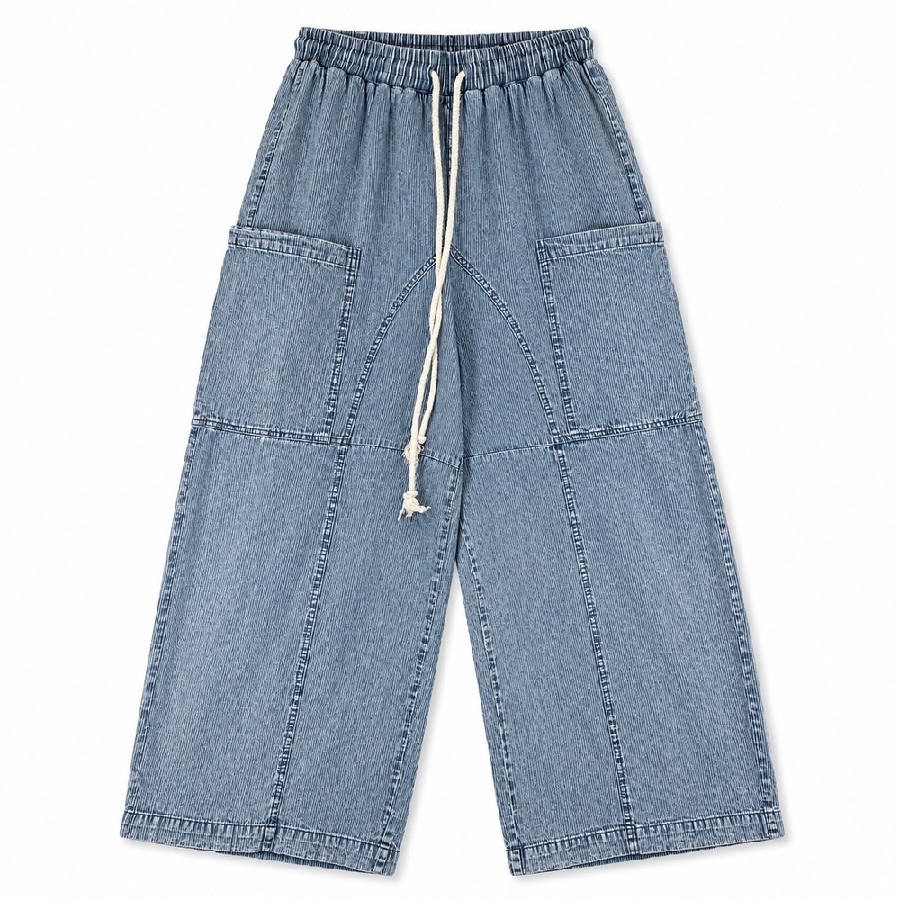 ee:some Wide Leg Pants S Blue Excellent Pinstripe Drawstring Cotton